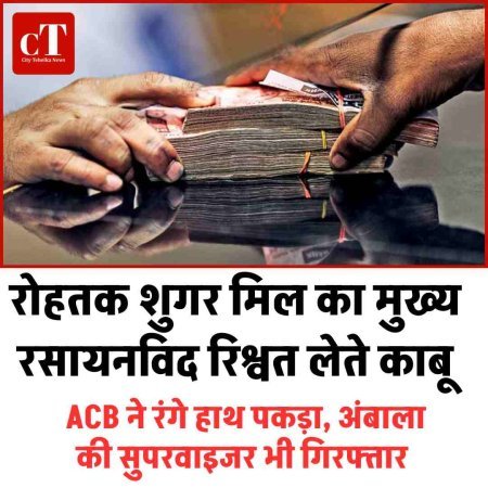 रोहतक शुगर मिल का मुख्य रसायनविद रिश्वत लेते काबू: ACB ने रंगे हाथ पकड़ा, अंबाला की सुपरवाइजर भी गिरफ्तार