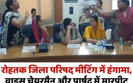 रोहतक जिला परिषद मीटिंग में हंगामा, वाइस चेयरमैन और पार्षद में मारपीट  चेयरमैन के सामने कॉलर पकड़कर धक्का-मुक्की, डंडा लेकर दौड़े वाइस चेयरमैन