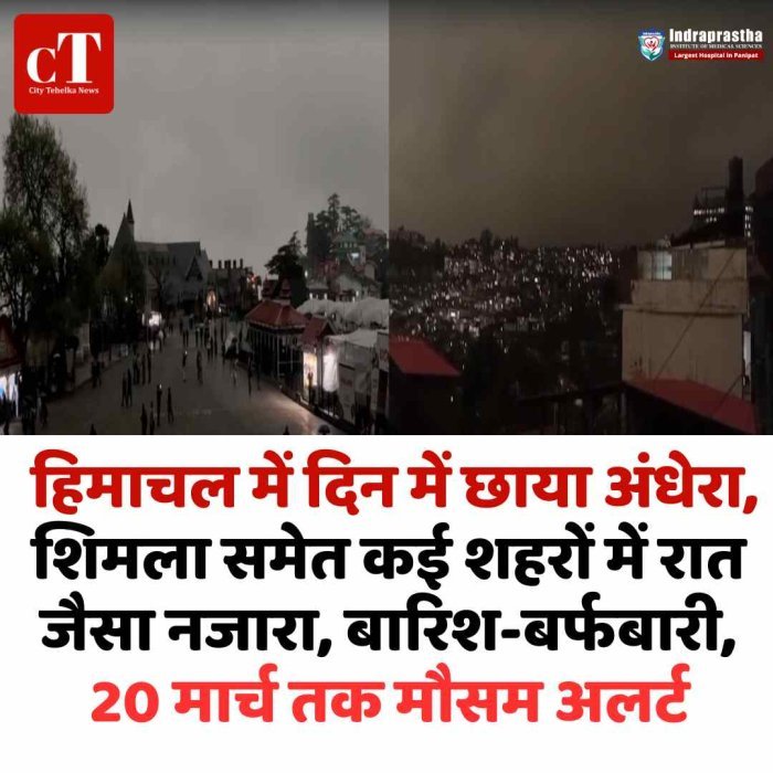 हिमाचल में दिन में छाया अंधेरा: शिमला समेत कई शहरों में रात जैसा नजारा, बारिश-बर्फबारी का दौर जारी, 20 मार्च तक मौसम अलर्ट
