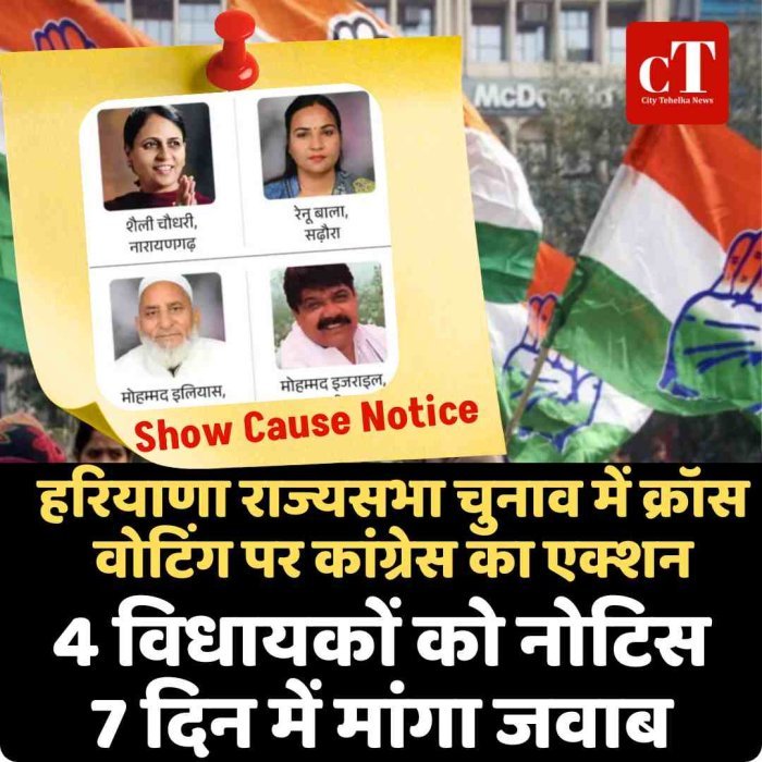 हरियाणा राज्यसभा चुनाव में क्रॉस वोटिंग पर कांग्रेस का एक्शन, 4 विधायकों को नोटिस: 7 दिन में मांगा जवाब