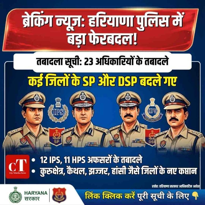हरियाणा पुलिस में बड़ा फेरबदल: 23 अधिकारियों के तबादले, कई जिलों के SP-DSP बदले