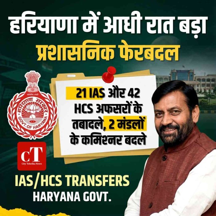 हरियाणा में आधी रात बड़ा प्रशासनिक फेरबदल: 21 IAS और 42 HCS अफसरों के तबादले, 2 मंडलों के कमिश्नर बदले