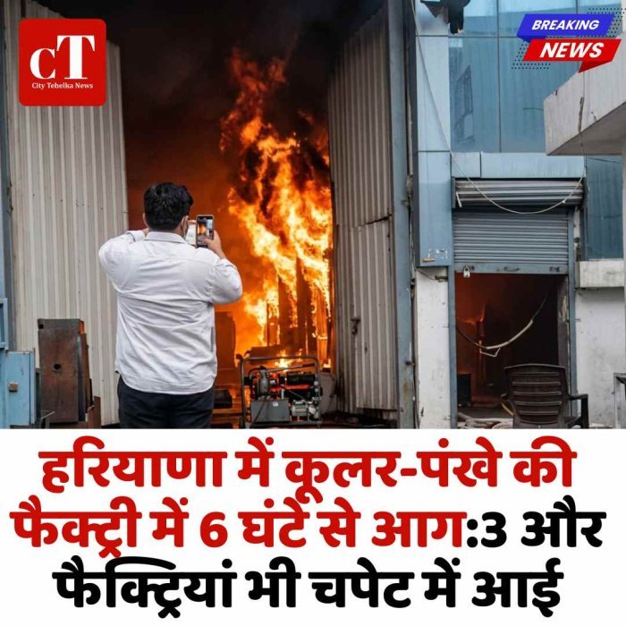 हरियाणा में कूलर-पंखे की फैक्ट्री में 6 घंटे से आग:3 और फैक्ट्रियां भी चपेट में आई