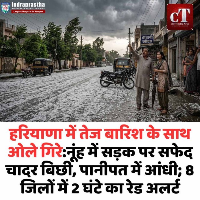हरियाणा में बारिश और ओलों का कहर, 8 जिलों में रेड अलर्ट नूंह में ओलों की चादर