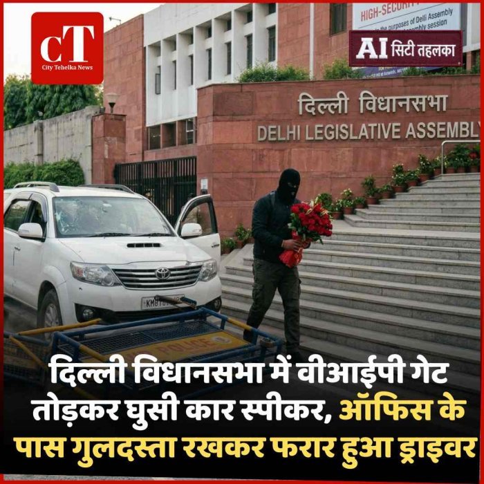 दिल्ली विधानसभा में वीआईपी गेट तोड़कर घुसी कार स्पीकर, ऑफिस के पास गुलदस्ता रखकर फरार हुआ ड्राइवर
