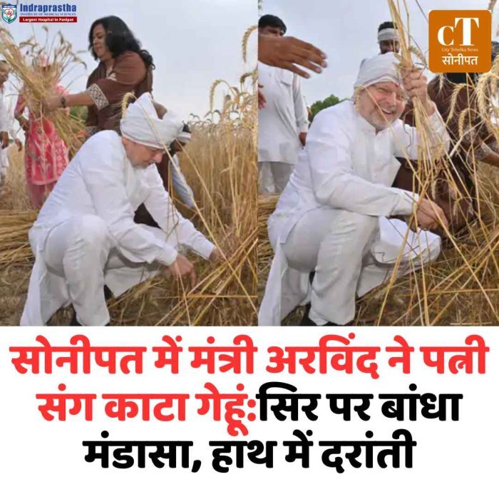 मंत्री अरविंद शर्मा ने खेत में पत्नी संग काटा गेहूं मंडासा बांधकर दरांती उठाई