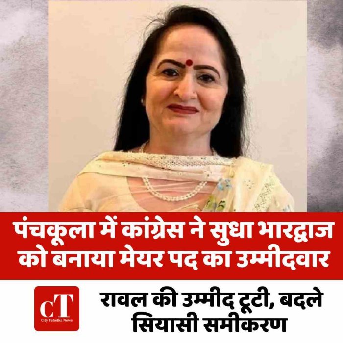 पंचकूला में कांग्रेस ने सुधा भारद्वाज को बनाया मेयर उम्मीदवार, रावल की उम्मीद टूटी, बदले सियासी समीकरण
