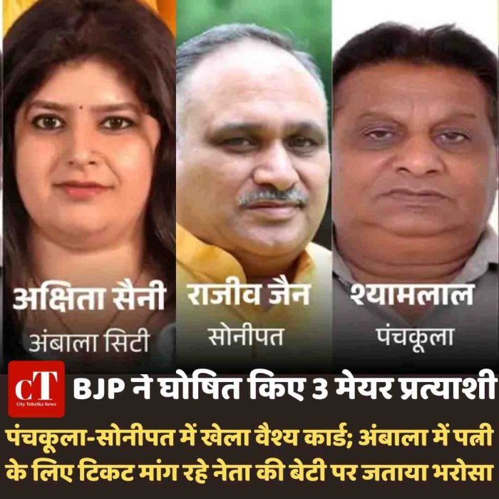 BJP ने घोषित किए 3 मेयर प्रत्याशी, वैश्य कार्ड खेला; अंबाला में बेटी को टिकट