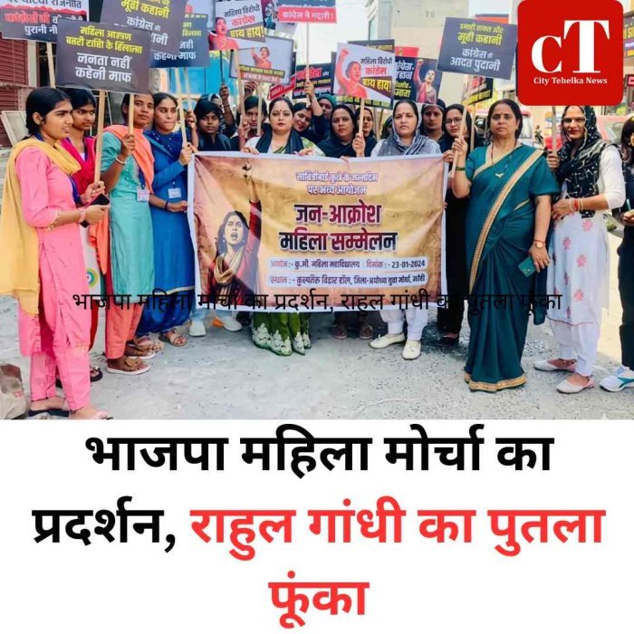 भाजपा महिला मोर्चा का प्रदर्शन, राहुल गांधी का पुतला फूंका