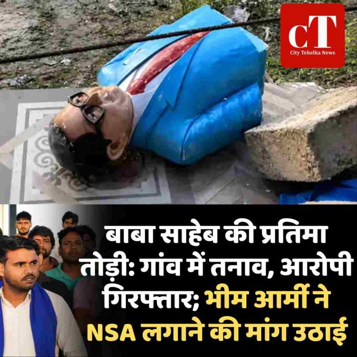 बाबा साहेब की प्रतिमा तोड़ी: गांव में तनाव, आरोपी गिरफ्तार; भीम आर्मी ने NSA लगाने की मांग उठाई