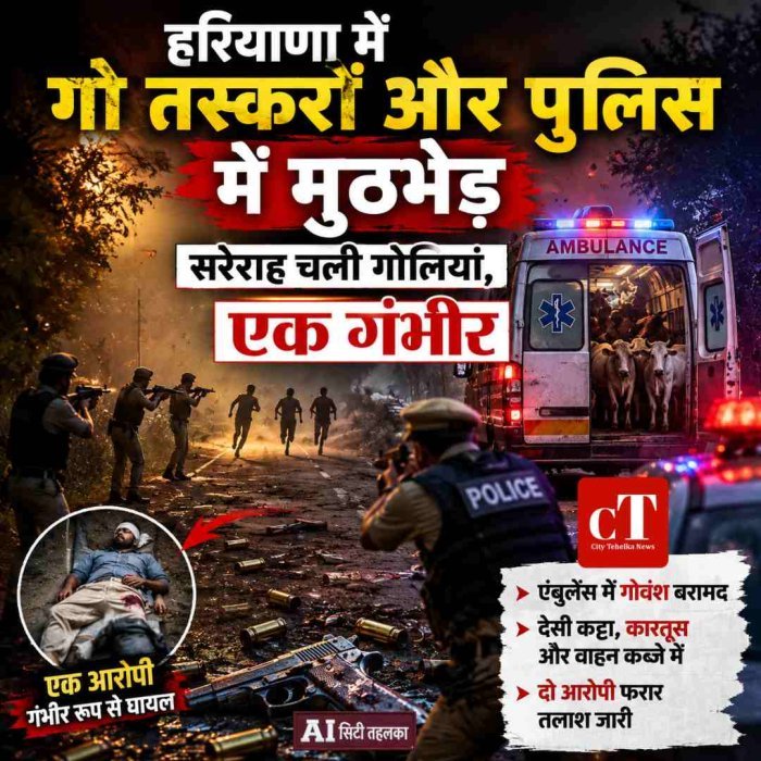 हरियाणा में गो तस्करों और पुलिस में मुठभेड़, सरेराह चली गोलियां, एक गंभीर
