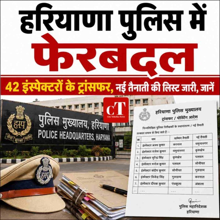 हरियाणा पुलिस में फेरबदल, 42 इंस्पेक्टरों के तबादले, जानें किसकी कहां हुई तैनाती