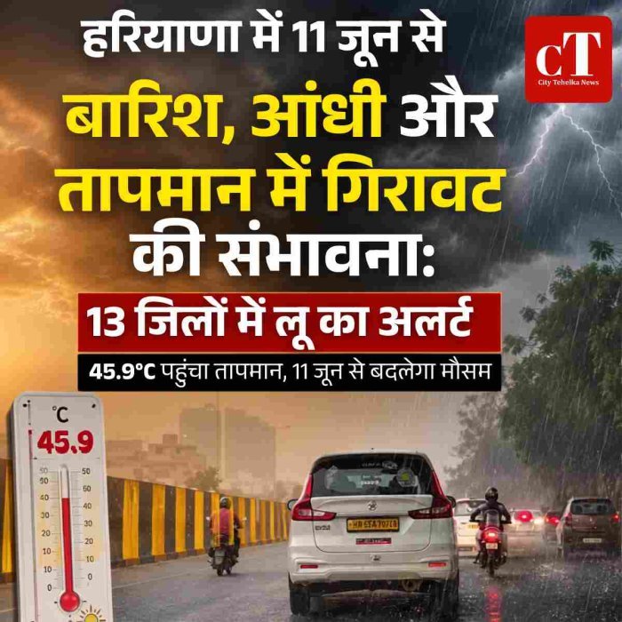 हरियाणा में 11 जून से बारिश, आंधी और तापमान में गिरावट की संभावना, 13 जिलों में लू का अलर्ट, 45.9 डिग्री पर पहुंचा तापमान