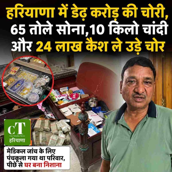 हरियाणा में डेढ़ करोड़ की चोरी, 65 तोले सोना,10 किलो चांदी और 24 लाख कैश ले उड़े चोर