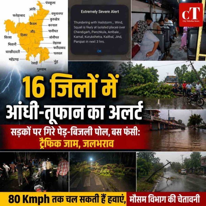 16 जिलों में आंधी-तूफान का अलर्ट:  सड़कों पर गिरे पेड़-बिजली पोल, बस फंसी: ट्रैफिक  हुआ,  जलभराव