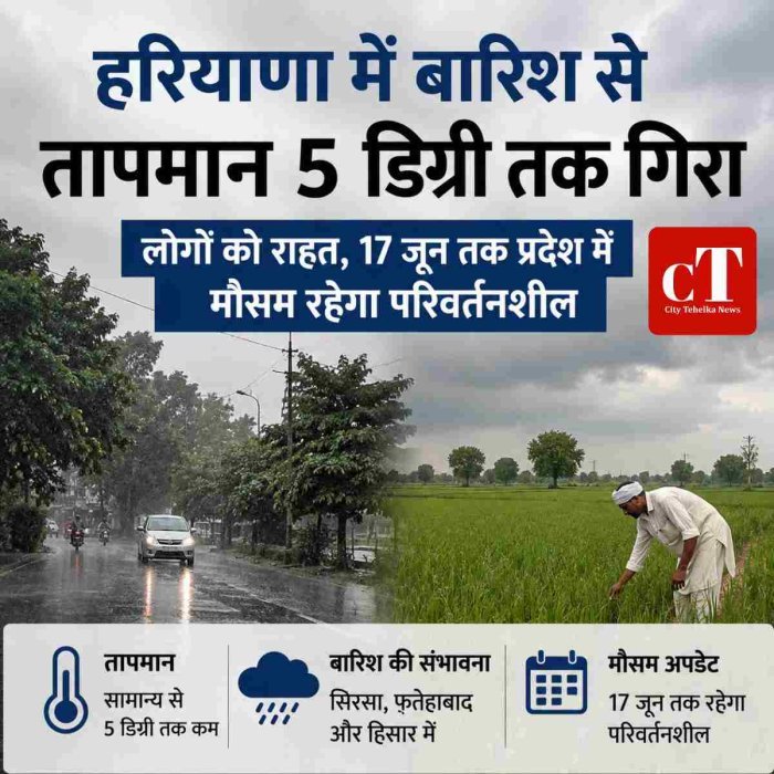 हरियाणा में बारिश से तापमान 5 डिग्री तक गिरा, लोगों को राहत, 17 जून तक प्रदेश में मौसम रहेगा परिवर्तनशील