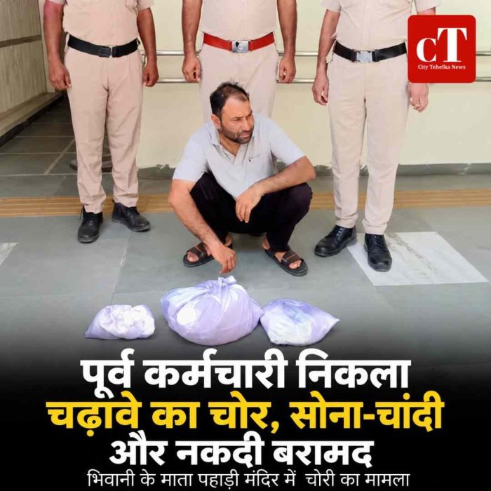 भिवानी के माता पहाड़ी मंदिर में  चोरी का मामला :  पूर्व कर्मचारी निकला चढ़ावे का चोर, सोना-चांदी और नकदी बरामद