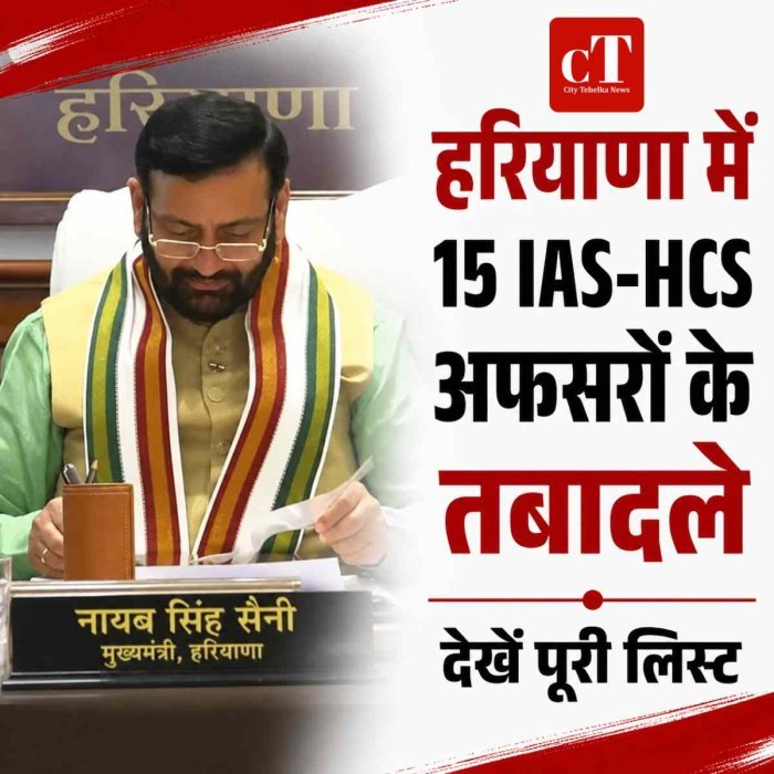 हरियाणा में बड़ा प्रशासनिक फेरबदल, 15 IAS-HCS अधिकारियों के तबादले; कई जिलों में बदली जिम्मेदारियां