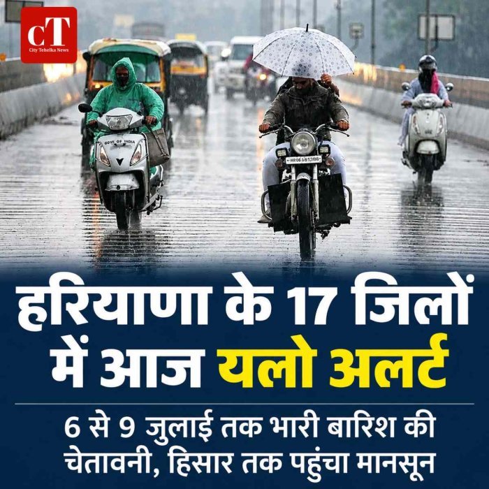 हरियाणा में मानसून की रफ्तार तेज, 17 जिलों में आज यलो अलर्ट; 6 से 9 जुलाई तक भारी बारिश के आसार