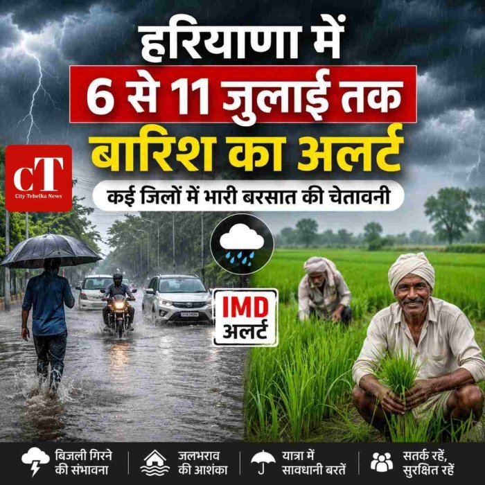 हरियाणा में 6 से 11 जुलाई तक बारिश का अलर्ट, कई जिलों में भारी बरसात की चेतावनी