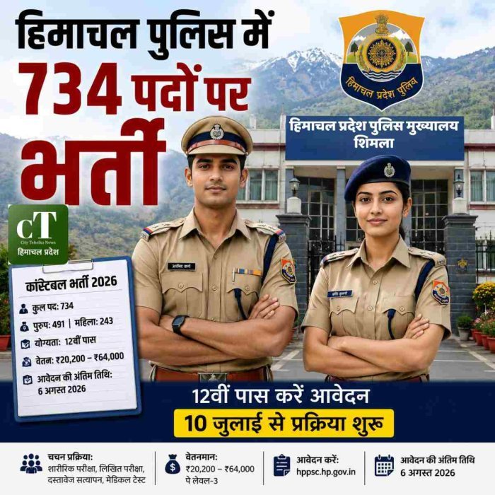 हिमाचल पुलिस में 734 पदों पर भर्ती,12वीं पास करें आवेदन 10 जुलाई से प्रक्रिया शुरू