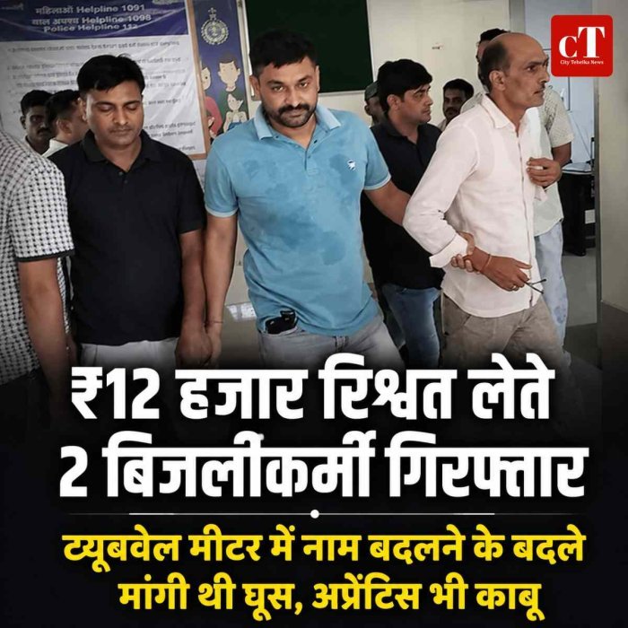 ₹12 हजार रिश्वत लेते 2 बिजलीकर्मी और अप्रेंटिस काबू, ट्यूबवेल मीटर कनेक्शन में नाम बदलने के लिए मांगी थी घूस