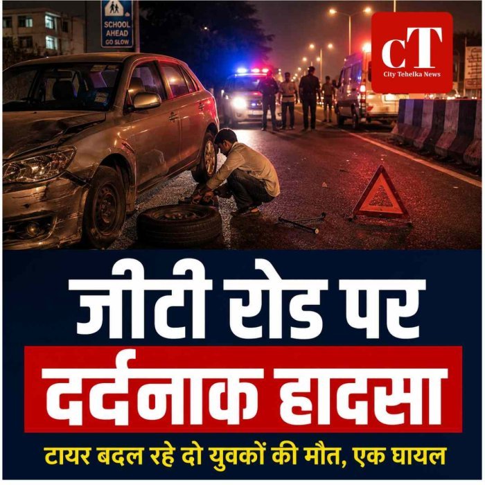 जीटी रोड पर दर्दनाक हादसा: टायर बदल रहे दो युवकों को ट्रक ने कुचला, एक गंभीर घायल