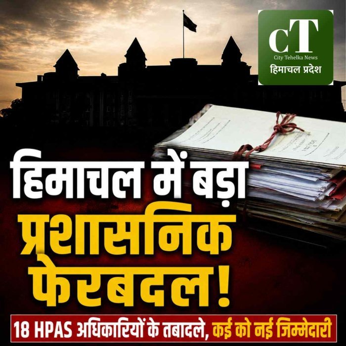 हिमाचल में बड़ा प्रशासनिक फेरबदल, 18 HPAS अधिकारियों के तबादले