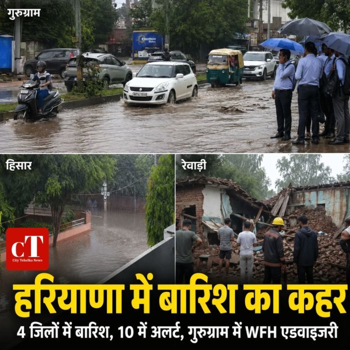 हरियाणा में बारिश का कहर,4 जिलों में बारिश, 10 में अलर्ट, गुरुग्राम में WFH एडवाइजरी