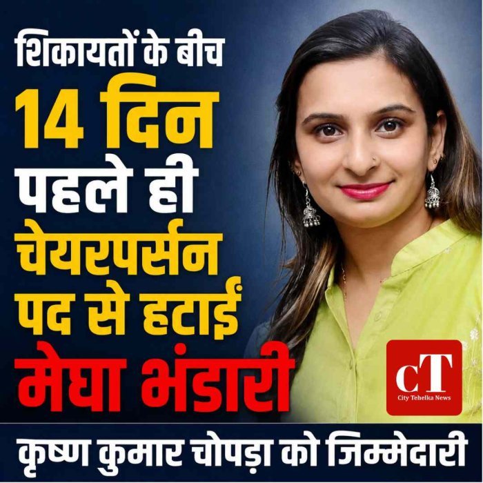 शिकायतों के बीच 14 दिन पहले ही चेयरपर्सन पद से हटाईं मेघा भंडारी,  कृष्ण कुमार चोपड़ा को जिम्मेदारी
