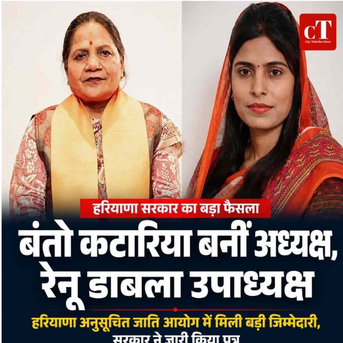 हरियाणा अनुसूचित जाति आयोग को मिली नई टीम, बंतो कटारिया अध्यक्ष और रेनू डाबला बनीं उपाध्यक्ष