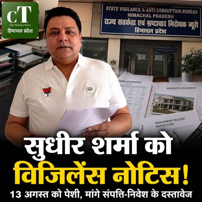 सुधीर शर्मा को विजिलेंस नोटिस,13 अगस्त को पेशी,मांगे संपत्ति -निवेश के दस्तावेज