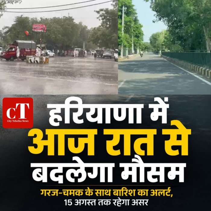 हरियाणा में आज रात से बदलेगा मौसम, गरज-चमक के साथ बारिश का अलर्ट, 15 अगस्त तक रहेगा असर