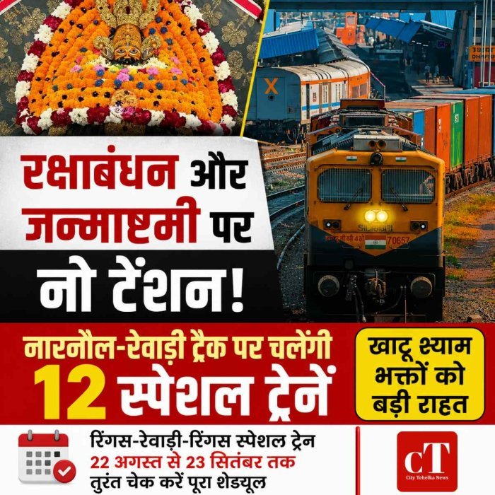 रक्षाबंधन और जन्माष्टमी पर नो टेंशन! नारनौल-रेवाड़ी ट्रैक पर चलेंगी 12 स्पेशल ट्रेनें, तुरंत चेक करें पूरा शेड्यूल