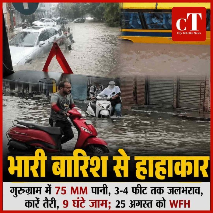 हरियाणा में भारी बारिश से हाहाकार: गुरुग्राम में 75 MM पानी, 3-4 फीट तक जलभराव; 25 अगस्त को WFH की एडवाइजरी