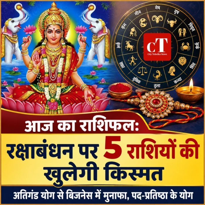 आज का राशिफल: रक्षाबंधन पर 5 राशियों की खुलेगी किस्मत,अतिगंड योग से बिजनेस में मुनाफा, पद-प्रतिष्ठा के योग