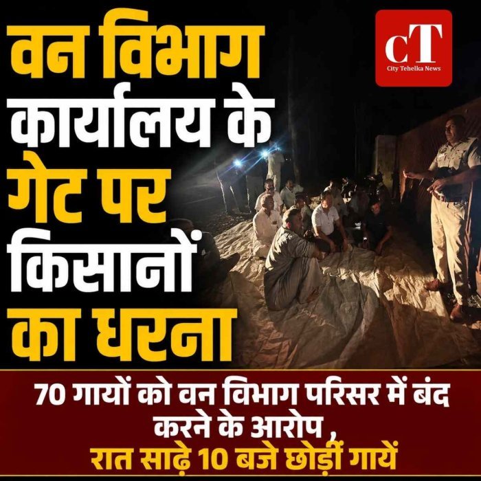 वन विभाग कार्यालय के गेट पर किसानों का धरना, 70 गायों को बंधक बनाने का आरोप