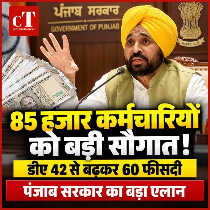 पंजाब सरकार का बड़ा एलान: 85 हजार कर्मचारियों को सौगात, डीए 42 से बढ़ाकर 60 फीसदी किया