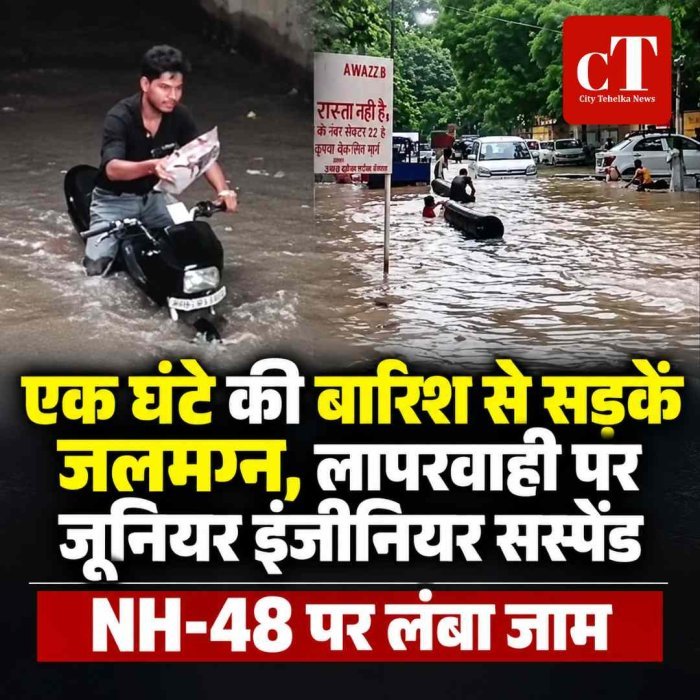 एक घंटे की बारिश से सड़कें जलमग्न, लापरवाही पर जूनियर इंजीनिय सस्पेंड