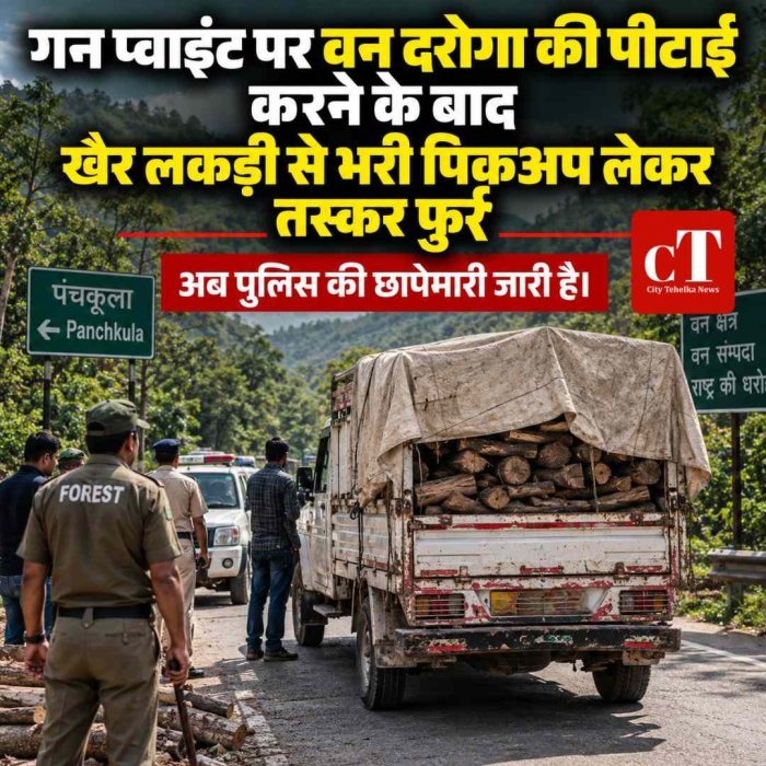गन प्‍वाइंट पर वन दरोगा की पीटाई करने के बाद  खैर लकड़ी से भरी पिकअप लेकर तस्कर फुर्र