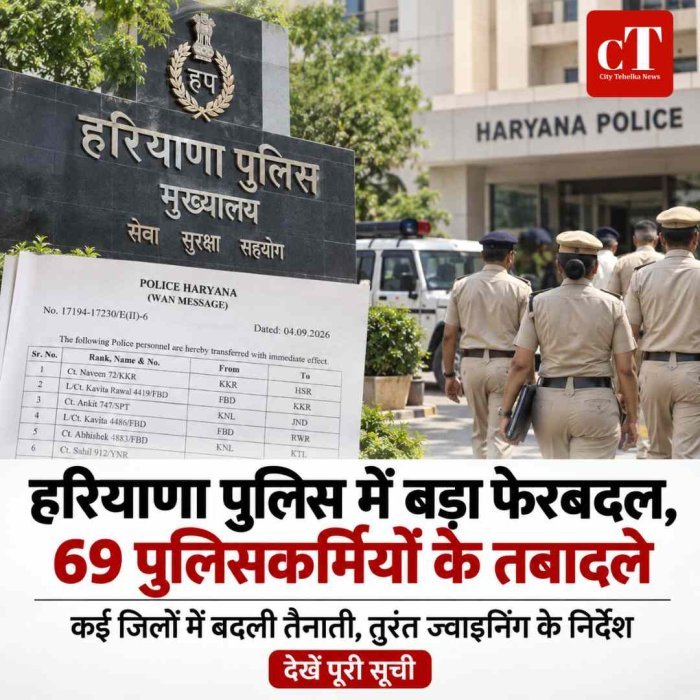 हरियाणा पुलिस में बड़ा फेरबदल, 69 कांस्टेबल-लेडी कांस्टेबल के तबादले; कई जिलों में बदली तैनाती