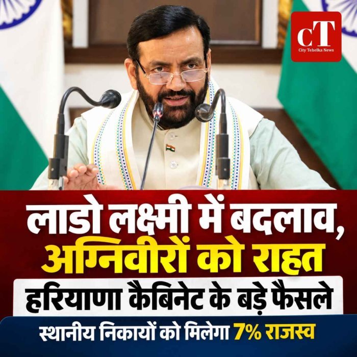 हरियाणा कैबिनेट के कई अहम फैसले: स्थानीय निकायों को 7% राजस्व, लाडो लक्ष्मी योजना में बदलाव और पूर्व अग्निवीरों को राहत