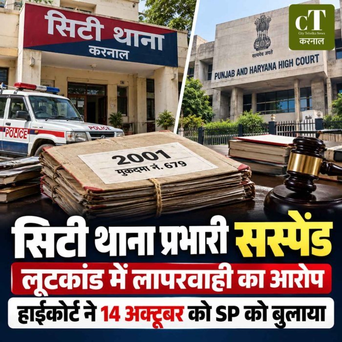 करनाल में सिटी थाना प्रभारी सस्पेंड,  लूटकांड में हाईकोर्ट के सवालों पर SP ने लिया एक्शन