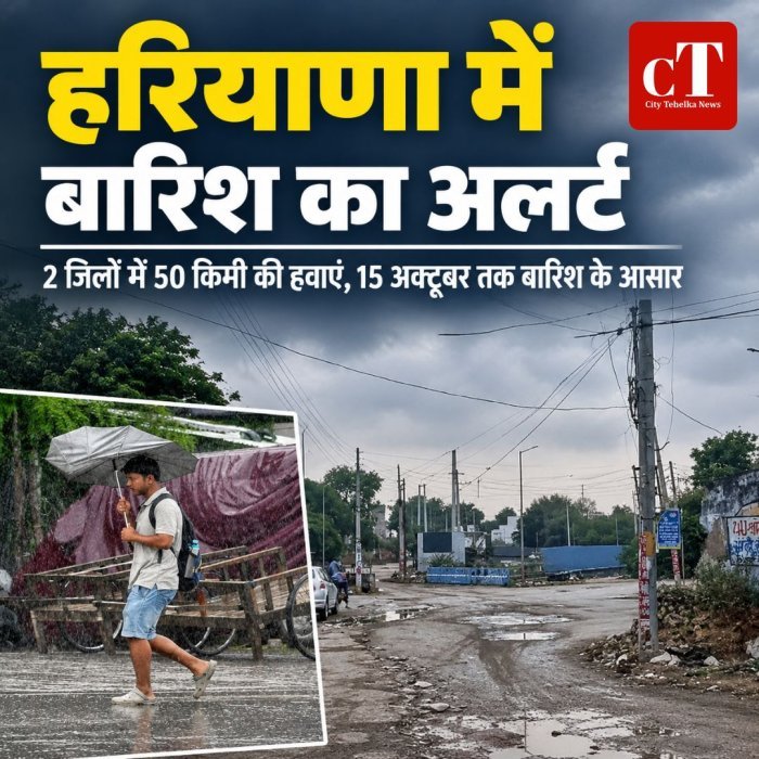 हरियाणा में बारिश का अलर्ट,2 जिलों में 50 किमी की हवाएं, 15 अक्टूबर तक बारिश के आसार