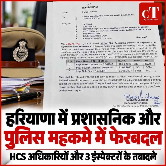 हरियाणा में प्रशासनिक और पुलिस महकमे में  फेरबदल, HCS अधिकारियों और 3 इंस्पेक्टरों के तबादले