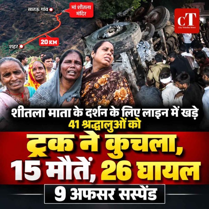 शीतला माता के दर्शन के लिए लाइन में खड़े  41 श्रद्धालुओं को  ट्रक ने कुचला, 15 मौतें, 26 घायल;  9 अफसर सस्पेंड