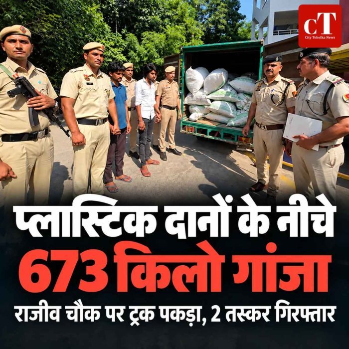 प्लास्टिक दानों के नीचे छिपा था 673 किलो गांजा, गुरुग्राम में पुलिस ने पकड़ा ट्रक