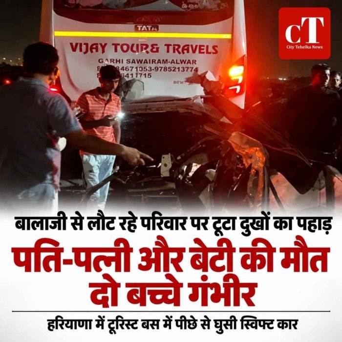 टूरिस्ट बस में पीछे से घुसी स्विफ्ट कार, बालाजी से लौट रहे परिवार पर टूटा दुखों का पहाड़, पति-पत्नी और बेटी की मौत